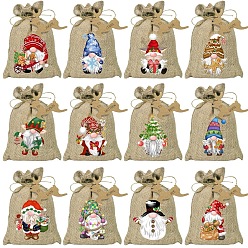 Colorful 24Pcs Christmas Linen Printed Drawstring Bags, Candy Storage Supplies, Rectangle, Colorful, 18x13cm