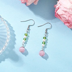 Pink Глаза кота болтаться серьги, круглые, со стеклом и ракушечным жемчугом, платина, розовые, 50x8 мм