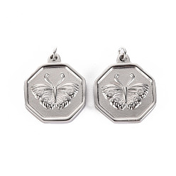 Нержавеющая Сталь Цвет Не тускнеющие 316 подвески из хирургической нержавеющей стали, с прыжковых колец, Шестиугольник с бабочкой, цвет нержавеющей стали, 18x15x2.5 мм, Перейти кольцо: 3.8x0.5 мм, 2.8 мм внутренним диаметром