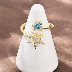 Золотой Вращающиеся латунные кольца с микропаве из кубических цирконий для женщин, кольца-манжеты с морскими звездами и черепахами, золотые, внутренний диаметр: 19 мм