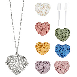 Сердце Ожерелья с полыми клетками из цинкового сплава, с натуральными круглыми шариками из лавового камня, платина, сердце, 17.72 дюйм (45 см)