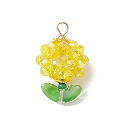 Желтый Цветок стеклянные подвески, с 304 петлей из нержавеющей стали, граненый(32 граненый), желтые, 27.5~28x17~17.5 мм, отверстие : 3.5x3 мм
