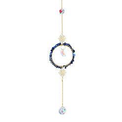 Lapis Lazuli Natural Lapis Lazuli Chip Hanging Suncatcher Pendant Decoration, Circle Ring Crystal Ceiling Chandelier Ball Prism Pendants, with Stainless Steel Findings, 400mm