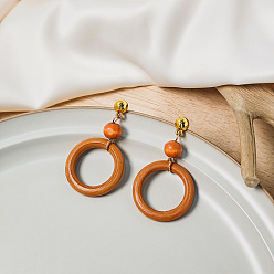 Ring Серьги-гвоздики из дерева и латуни с подвесками, золотые, кольцо, 65x37 мм