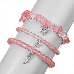 Вишневый Кварц Растягивающиеся браслеты из синтетического вишневого кварцевого стекла, для женщин, амулет звезда, луна и крылья, периметр: 7-1/2 дюйм (19 см), 3 шт / комплект