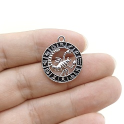 Скорпион Подвески из сплава со стразами на тему созвездий, плоские круглые прелести, с эмалью, серебряные, Скорпион, 24x21 мм