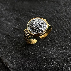 Antique Silver & Antique Golden Zinc Alloy Cuff Open Rings, Flat Round with Zakiram, Antique Silver & Antique Golden, 15~20mm