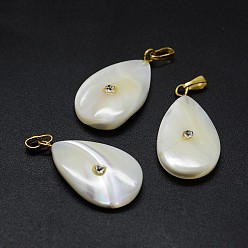 Doré  Pendentifs de coquille, avec des résultats en laiton avec strass, larme, cristal, or, 27~28x14~15x5~6mm, Trou: 2x5mm