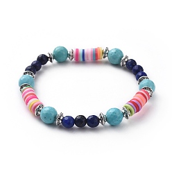 Lapis Lazuli Stretch Bracelets, with Natural Lapis Lazuli(Dyed) & Synthetic Turquoise Beads, Polymer Clay Heishi Beads and Alloy Spacer Beads, 2-1/8 inch(5.4cm)