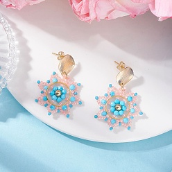 Темно-Голубой Серьги-гвоздики с цветком из стеклянных бусин ручной работы, с природным магнезитом, с фурнитурой латунной для серег, золотые, глубокое синее небо, 34x28 мм