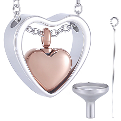 Rose Gold & Stainless Steel Color 1Pc 304 Stainless Steel Heart Pendant Urn Ashes Necklaces, with 1Pc 304 Stainless Steel Mini Funnel, with Eye Pins, Rose Gold & Stainless Steel Color, 15.98 inch(40.6cm)