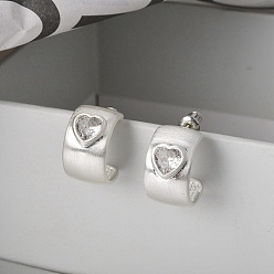 Посеребрённый Серьги-гвоздики из латуни, с четким кубического циркония, полукруглые серьги для женщин, сердце, 925 серебро покрытием, 25x10 мм