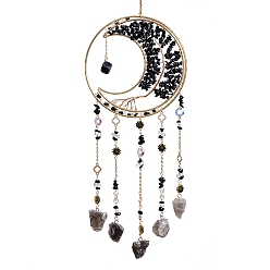 Obsidian Mond, Lebensbaum, Sonnenfänger aus mit Draht umwickeltem Naturobsidian, Quaste aus Rohkristallstein für die Fenster- und Wanddekoration, 500x160x7~20 mm