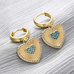 Настоящее золото 18K Латунные кубических серьги циркония обруч, сердце, реальный 18 k позолоченный, 31.5x18 мм