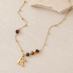 Letter K European Faceted Natural Tiger Eye 304 Stainless Steel Alphabet Pendant Necklaces, Golden, Letter K, 18.90 inch(48cm)
