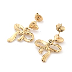 Real 14K Gold Plated 304 Stainless Steel Dangle Stud Earrings, Bowknot with Heart, Real 14K Gold Plated, 26.5x19mm