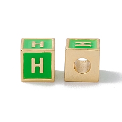 Letter H Стойки покрытие латунь эмаль бисер, без кадмия, без никеля и без свинца, реальный 18 k позолоченный, куб с письмом, зеленый лайм, letter.h, 6x6x6 мм, отверстие : 2.5 мм