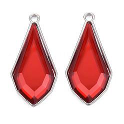 Red Faceted Glass Pendants, with Alloy Open Back Settings, Teardrop Charms, Cadmium Free & Lead Free, Platinum, Red, 45.5x22x5.5mm, Hole: 3mm