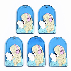 Dodger Blue Transparent Acrylic Pendants, 3D Printed, Half Oval with Woman Pattern, Dodger Blue, 43x24.5x3.5mm, Hole: 1.8mm