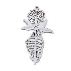 Нержавеющая Сталь Цвет Полые 304 из нержавеющей стали кулоны, очарование цветка розы, цвет нержавеющей стали, 40x21x1 мм, отверстие : 1.4 мм