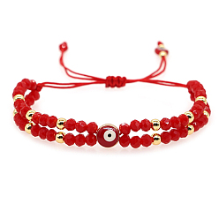 Red Brass Enamel Evil Eye & Glass Seed Braided Bead Bracelets, Adjustable Bracelet, Red, Inner Diameter: 11 inch(28cm)