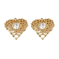 Настоящее золото 18K 304 из нержавеющей стали горный хрусталь подвески, ионное покрытие (ip), сердце прелести, реальный 18 k позолоченный, 23.5x24x4.5 мм, отверстие : 1.5 мм