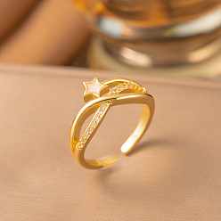 Estrella Anillos abiertos de latón con micro pavé de circonita cúbica, dorado, estrella, 15~20 mm
