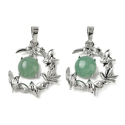 Зеленый Авантюрин Естественный зеленый авантюрин подвески, латунные подвески в виде птиц и луны, платина, стойки покрытие, 27~28.5x23.5~24.5x6.5~7 мм, отверстие : 7x5 мм