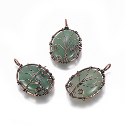 Зеленый Авантюрин Естественный зеленый авантюрин подвески, с латунной фурнитурой , овальные с деревом, Красная медь, 43.5x26x9 мм, отверстие : 5.5x4 мм