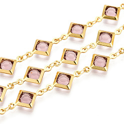 Бледно-фиолетовый Красный Латунные ромбозвенные цепи, со стеклом, пайки, с катушкой, долговечный, золотые, бледно-фиолетовый красный, 15x9x2.5~3 мм, около 32.81 футов (10 м) / рулон