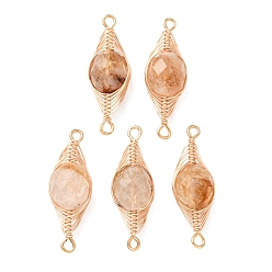 Желтый Кварц Ограненные плоские круглые звенья из натурального желтого кварца с медной проволочной обмоткой в виде елочки., золотые, долговечный, 26.5~27.5x10x9~9.5 мм, отверстие : 1.4 мм