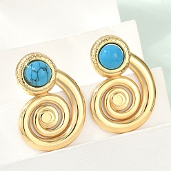 Настоящее золото 18K Спираль 304 серьги-гвоздики из нержавеющей стали с синтетической бирюзой для женщин, ионное покрытие (ip), реальный 18 k позолоченный, 32x23.5 мм