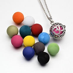 Античное Серебро Полые латунные подвески, подвески для шариков, с латунным брызгом окрашены розовые колокольчики, раунд с символом аум / ом, без кадмия, без никеля и без свинца, античное серебро, 28x26x22 мм, отверстие : 4x9 мм