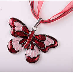 Темно-Красный Ожерелья из вощеного шнура с подвеской в виде бабочки из сплава эмали и страз для женщин, платина, темно-красный, 18.50 дюйм (47 см)
