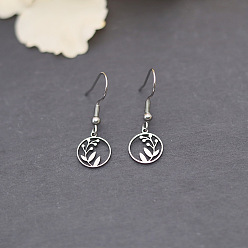 Нержавеющая Сталь Цвет 201 из нержавеющей стали болтаться серьги, полый плоский круглый с листом, цвет нержавеющей стали, 30x10 мм