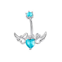 Голубой 304 изогнутые кольца для живота с подвеской из нержавеющей стали и кубическим цирконием, сердце с крыльями ангела, цвет нержавеющей стали, голубой, длина стержня: 3/8"(10мм), штифты : 1.2 мм