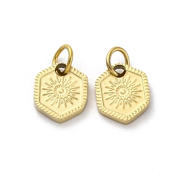 Настоящее золото 18K 304 прелести нержавеющей стали, с целью перехода в кольце, шестиугольник с солнечным шармом, ионное покрытие (ip), реальный 18 k позолоченный, 8x6.5x1 мм, отверстие : 2.5 мм