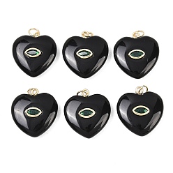 Обсидиан Природные подвески обсидиана, подвески в форме сердца с латунной микрофиброй и фианитами, реальный 18 k позолоченный, долговечный, стойки покрытие, без кадмия и без свинца, 22x20x6.5 мм, Перейти кольцо: 5x1 мм, внутренний диаметр: 3 мм