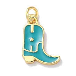 Medium Turquoise Rack Plated Brass Enamel Charms, with Jump Ring, Long-Lasting Plated, Lead Free & Cadmium Free, Real 18K Gold Plated, Cowboy Boot Charm, Medium Turquoise, 14x11x1.5mm, Hole: 3.4mm