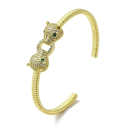 Настоящее золото 18K Женский браслет на открытой манжете с прозрачным и зеленым фианитом из латуни и леопарда, реальный 18 k позолоченный, внутренний диаметр: 1-7/8x2-3/8 дюйм (4.9x5.95 см)