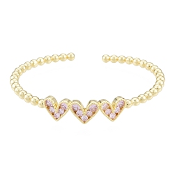 Бледно-Розовый Браслет-кафф с тройным сердцем из кубического циркония, настоящие позолоченные украшения из латуни для женщин, розовый жемчуг, внутренний диаметр: 18 дюйм (1-7/8x2-1/8 см)