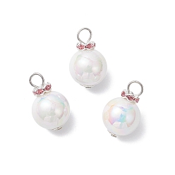 Розовый Имитация жемчуга акриловыми подвесками, круглые, с латунными бусинами-разделителями из стразов и железными штифтами с плоскими головками, светло-розовый, 25.5x16 мм, отверстие : 4.5 мм