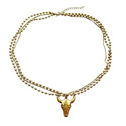 Golden Brass Cattle Head Pendant 304 Stainless Steel Chain 3-Strand Necklaces for Women, Golden, 16.54 inch(42cm)