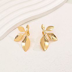 Лист Серьги шпилька нержавеющая сталь, реальный 18 k позолоченный, лист, 43x22 мм