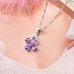Клевер Ожерелья с подвеской из цинкового сплава и кубическим цирконием средней орхидеи для женщин, платина, клевер, 17.72 дюйм (45 см)