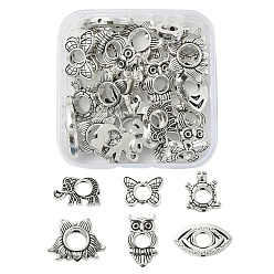 Antique Silver 30Pcs 6 Style Tibetan Style Alloy Bead Frame, Butterfly/Owl/Tortoise/Elephant/Flower/Eye, Antique Silver, 11.5~20x11.5~20x3~5mm, Hole: 1.2~2.5mm, Inner Diameter: 5~6.5mm, 5pcs/style