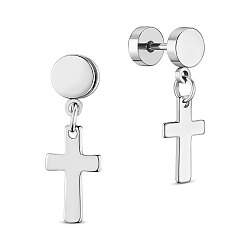 Серебро Серьги-хрящи из нержавеющей стали, завинчивающиеся серьги, крестик, серебряный цвет гальваническим, 23.1 мм, крест: 13.2x7.8 мм