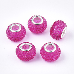 DeepPink Resin Rhinestone European Beads, Large Hole Beads, with Platinum Tone Brass Double Cores, Rondelle, Berry Beads, Magenta, 14x10mm, Hole: 5mm