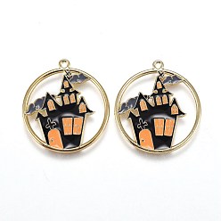 Light Gold Подвески из сплава с эмалью на тему Хэллоуина, плоский круглый с черным домом с привидениями/замком, золотой свет, 24x22x1.5 мм, отверстие : 1.6 мм