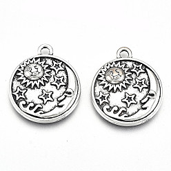 Античное Серебро Сплавочные сеттинги для кулона, тибетский стиль, без свинца и без кадмия, плоский круг с луной и солнцем, античное серебро, 22.5x19x3 мм, отверстие : 2 мм, Около 220 шт / 500 г